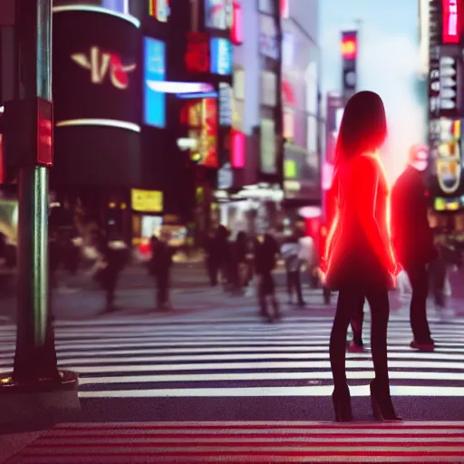 Prompt: A girl with red on the Shibuya crossroad, hyperrealistic, neon light, bright, 4K render, Octane, 3D, epic, people cross the street, details