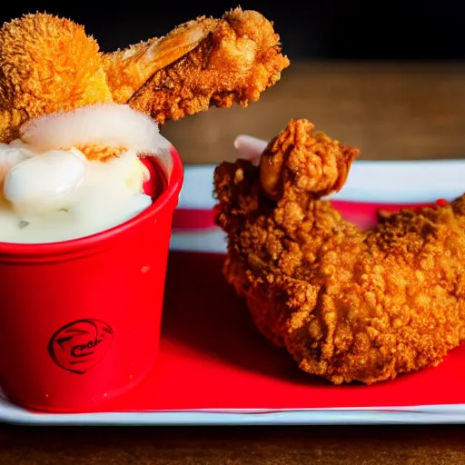 Image similar to a fried chicken milkshake with the kfc logo, next to a shrimp wearing a little red dress on a plate, food photography, studio lighting, hyper realistic, sharp focus, hyper - realistic, 8 k resolution