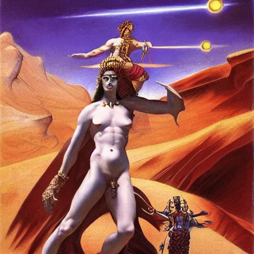 Prompt: pilgrimage of Desert Deity under crimson azure diamond sky, in the style of Frank Frazetta, Jeff Easley, Caravaggio, extremely clear and coherent, clear lines, 8K revolution