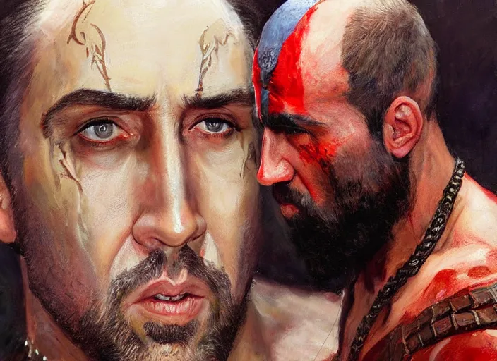 Image similar to a highly detailed beautiful portrait of nicolas cage as kratos, by gregory manchess, james gurney, james jean