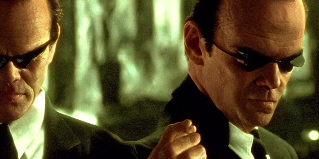 Prompt: Jack Nicholson as Agent Smith on the matrix, 1999, cinematic composition, cinemascope,