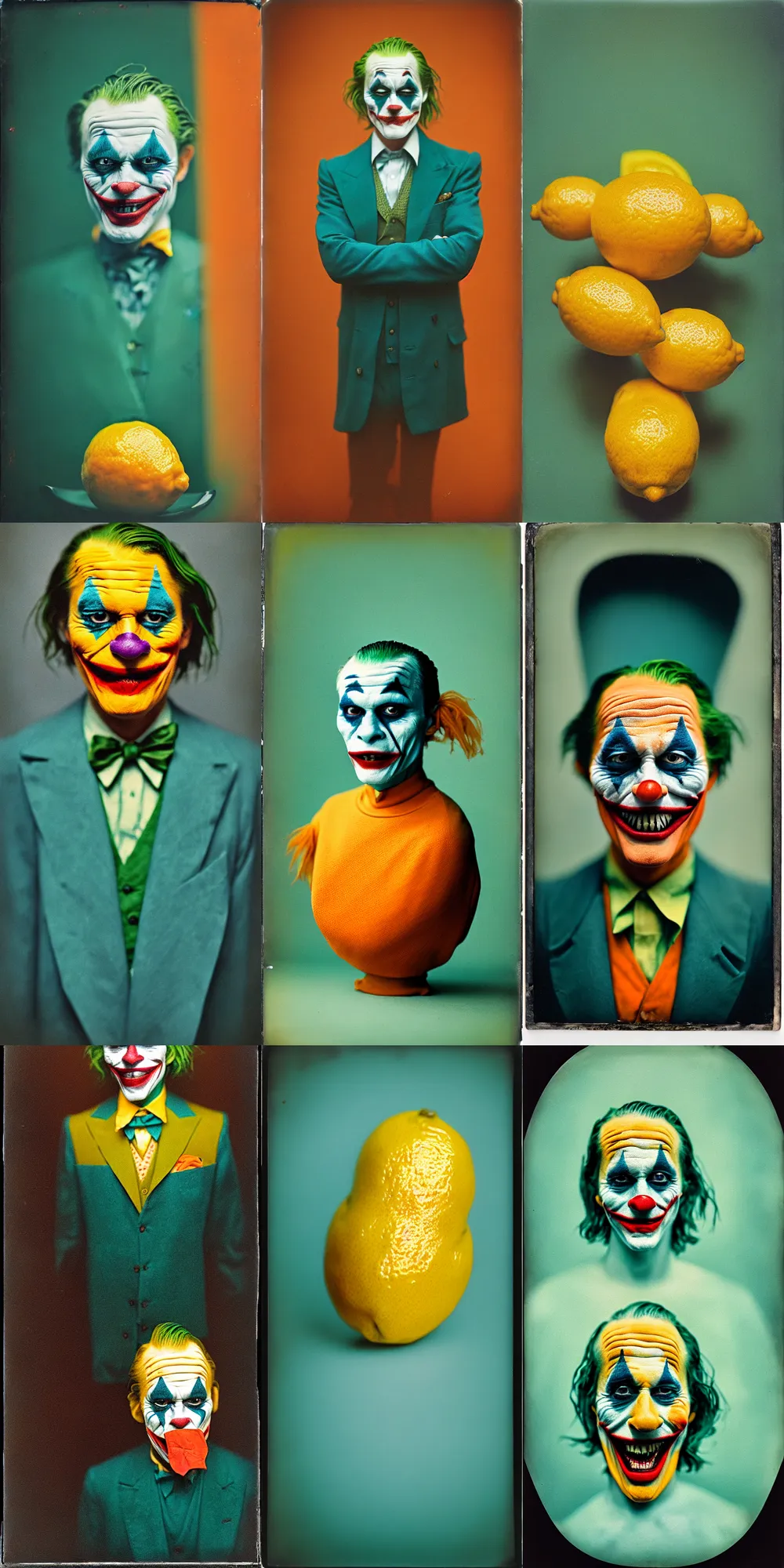 Image similar to kodak portra 4 0 0, wetplate, 8 k, shot of a highly detailed, britt marling style, colour still - life portrait of a lemon looks like 1 9 9 9 joker, teal and orange, muted coloures