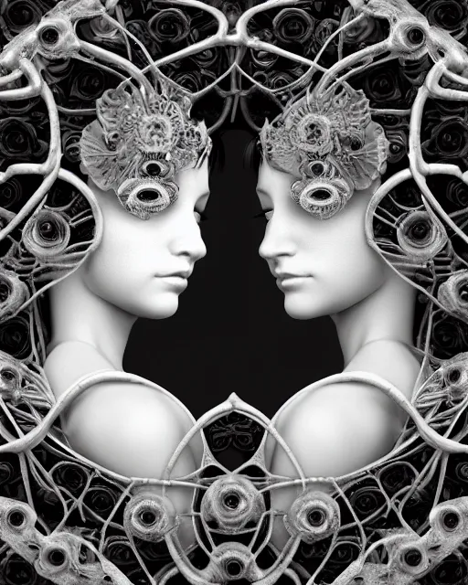 Image similar to mythical dreamy black and white organic bio-mechanical spinal ribbed profile face portrait detail of translucent steampunk beautiful siamese sisters females angelic-human-queen-vegetal-cyborg, highly detailed, intricate trnaslucent ivy jelly ornate, poetic, translucent roses ornate, 3D render, digital art, octane render, 8K artistic photography, photo-realistic, by Dora Maar