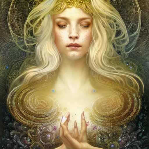 Image similar to Beautiful Delicate Detailed portrait of sun summer woman, With Magical golden eyes by Tom Bagshaw, Bastien Lecouffe Deharme, Erik Johansson, Amanda Sage, Alex Grey, Alphonse Mucha, Harry Clarke, Josephine Wall and Pino Daeni, Delicate winter frozen creature With long golden Hair and Magical Sparkling Eyes, Magic Particles; Magic Swirls, in a out of this world magical summer landscape, 4K; 64 megapixels; 8K resolution concept art; detailed painting; digital illustration; hyperrealism; trending on Artstation; Unreal Engine Photorealistic, lifelike, Unreal Engine, sharp, sharpness, detailed, 8K