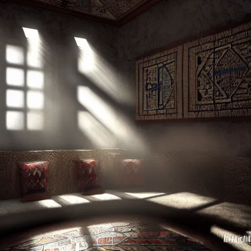 Prompt: aztec interior design, superwide angle, light through the mist, dramatic lighting, photorealistic, cinematic lighting, high detail, cinematic feel