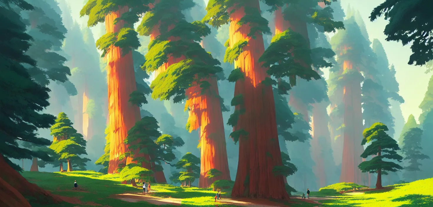 Image similar to Sequoia park in a colorful moutain with beautiful trees , no people, morning, by studio ghibli painting, superior quality, masterpiece, traditional Japanese colors, by Grzegorz Rutkowski, concept art