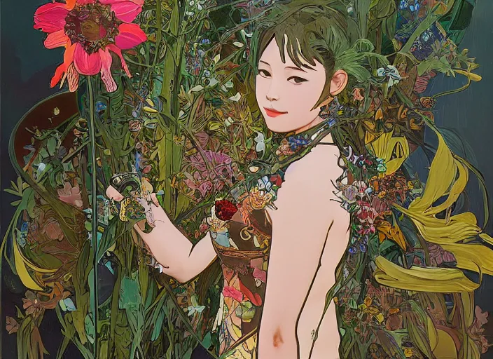 Image similar to oil painting, long shot, beautiful floralpunk iban bio mechanical female illustration detailed patterns art of sarawak traditional dress, flower pop art, floral splash painting, art by ashley wood, alphonse mucha, makoto shinkai, geof darrow, dark shadow