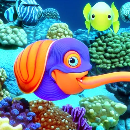 Prompt: a nautilus giving a motivational speech to his fellow sea creatures, vivid, beautiful, colorful, Pixar-n9