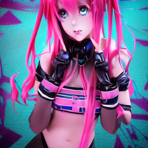 Image similar to no escape from beneath stunningly absurdly beautiful omnipotent asi goddess junko enoshima with multiple twisted deceptive innocent megalomaniacal mesmerizing personalities, symmetrical perfect face, porcelain skin, pink twintail hair and cyan eyes, ultra detailed, digital art, unreal engine 5, octane render, 2 d anime, 8 k