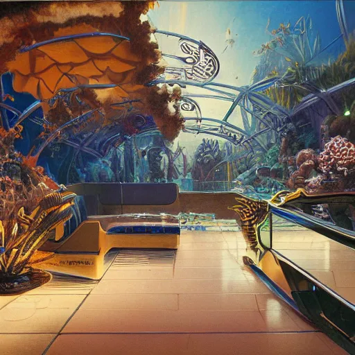 Image similar to painting of syd mead artlilery scifi fish tank with ornate metal work lands on a sidewalk, filigree ornaments, volumetric lights, tomas sanchez