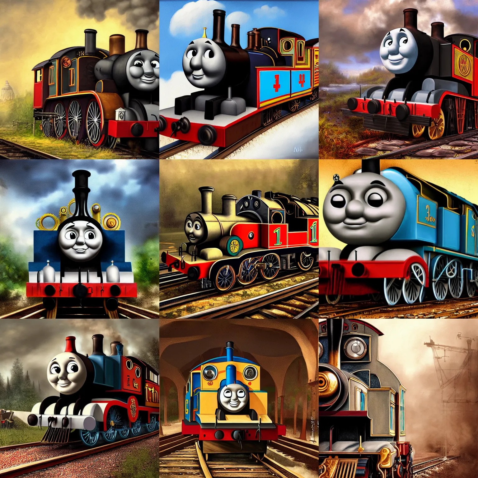 Prompt: Thomas the train steampunk, realistic painting, high definition, digital art, matte painting, very detailed, realistic