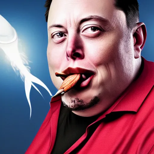 Image similar to stunning award winning hyperrealistic hdr 8 k highly detailed portrait photo of morbidly obese elon musk eating a rocket