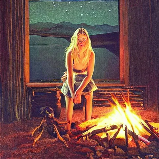 Prompt: a striking hyper real painting of Elle Fanning with cybernetics, starlit night, campfire, by Andrew Wyeth