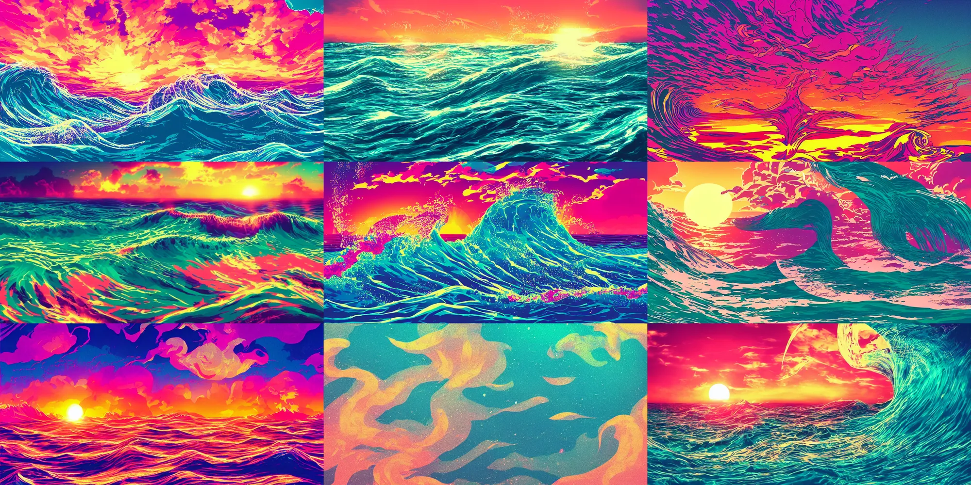 Prompt: vaporwave sunset, waves crashing in the sea, glitch art aesthetic, poster, ukyo - e