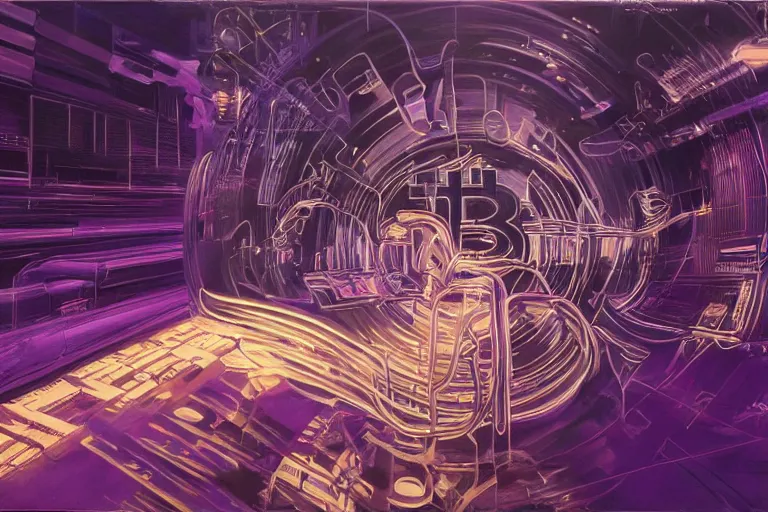 Image similar to A highly detailed rendering bitcoin demand, soft neon purple lighting, reflective surfaces, sci-fi concept art, by Syd Mead and H.R.Giger, highly detailed, oil on canvas