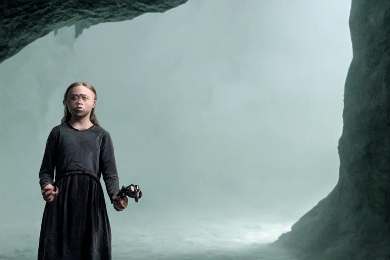 Image similar to greta thunberg as gollum, holding the ring, inside a cave, fog, cinematic, still shot from the new lord of the rings movie