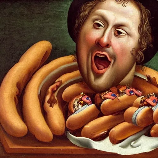 Image similar to a renaissance oil painting of a man eating way too many hotdogs, his stomach is distended, his expression is pure elation, high art, 8 k