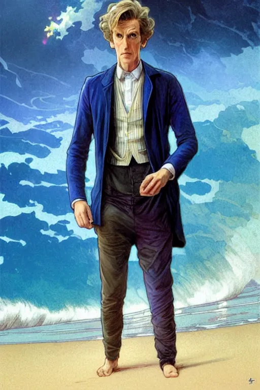 Prompt: doctor who, william hartnel on a beach, wearing a blue shirt with horizontal rainbow stripe, the ocean in the background, swirling colourful stars in the background, art by artgerm and greg rutkowski and alphonse mucha