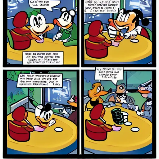 Prompt: ducks are playing poker, poker table is in outer space, walt disney comics style