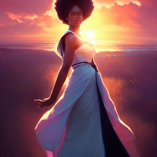 Image similar to a Photorealistic dramatic hyperrealistic bright blue eyes, African American girl, black hair, white veil,by WLOP,Artgerm,Greg Rutkowski,Alphonse Mucha, Beautiful dynamic dramatic bright sunset lighting,shadows,cinematic atmosphere,Artstation,concept design art,Octane render,8k