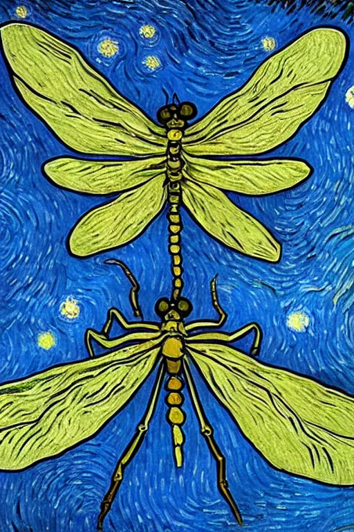 Image similar to symmetrical!!! looking at the camera!! dragonfly!! by vincent van gogh, starry night, big eyes, delicate wings