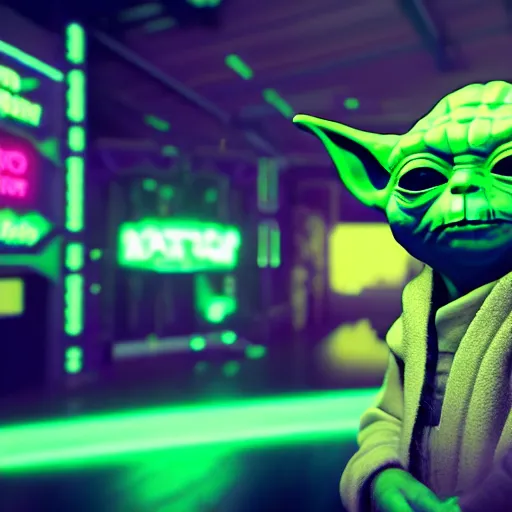 Image similar to Yoda, adorable eyes, cute smile, full round face, neon lights in background, serene bedroom setting, medium shot, mid-shot, highly detailed, trending on Artstation, Unreal Engine 4k