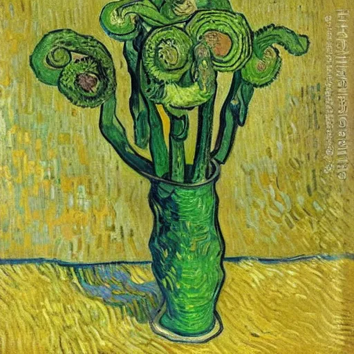 Image similar to Fiddleheads, painted by Vincent Van Gogh (1890), oil on canvas, detailed brushstrokes