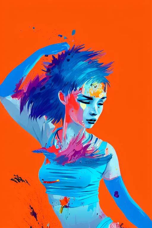 Image similar to a award winning half body portrait of a beautiful woman in a croptop and cargo pants with ombre orange blue teal hairstyle with head in motion and hair flying, paint splashes, splatter, outrun, vaporware, shaded flat illustration, digital art, trending on artstation, highly detailed, fine detail, intricate