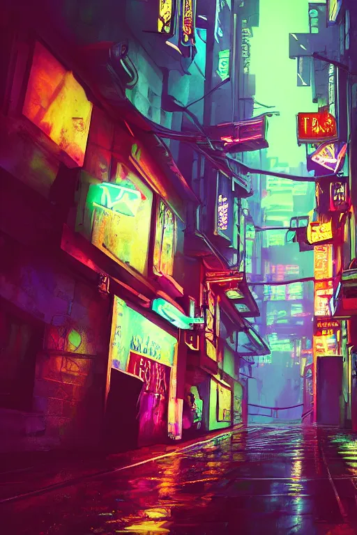 Image similar to street view of a cyberpunk alley, in the style of Blade Runner, rainy weather, neon lighting, vaporwave, retro wave, synthwave, highly detailed, digital painting, concept art, illustration, artstation, Roger Deakin's cinematography, Liam Wong, photo-realistic, 8k