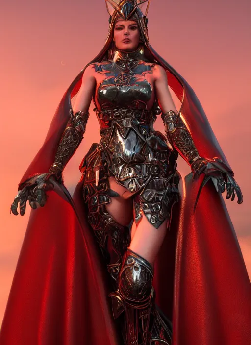 Prompt: Goddess Venus wearing leather fantasy battle armor with a red cloak by Ilya Kushvikov, symmetrical face concept art, octane render unreal engine meta humans, trending on artstation