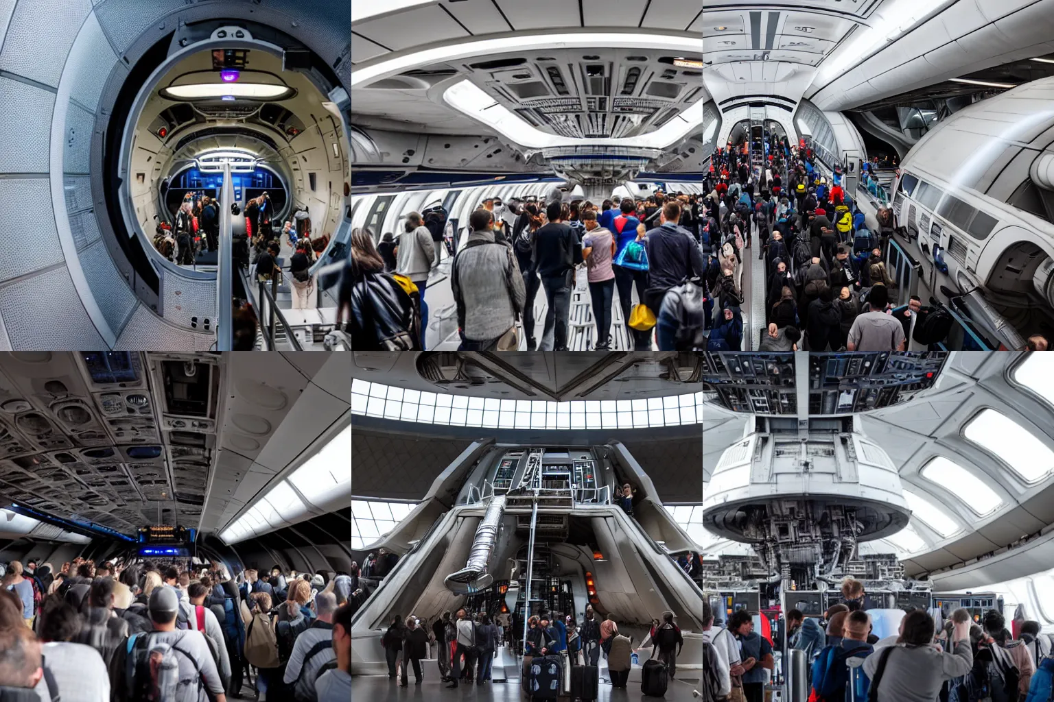 Prompt: photo of people boarding the millennium falcon at jfk international airport, shot with a wide angle lens, shot from terminal window