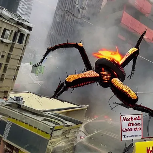 Image similar to giant robotic spider crashing down on a city destroying everything in his path