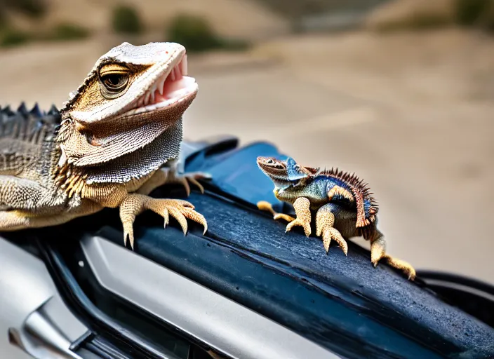 Image similar to dslr portrait still of a bearded dragon driving a little toy car, 8 k 8 5 mm f 1. 4