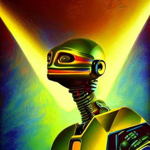 Prompt: artificial intelligence powered robot, in a galactic setting ultra-realistic in the colourful style of leonardo da vinci artstation hd oil painting and edward hooper, renaissance painting deviant artstation iridescent