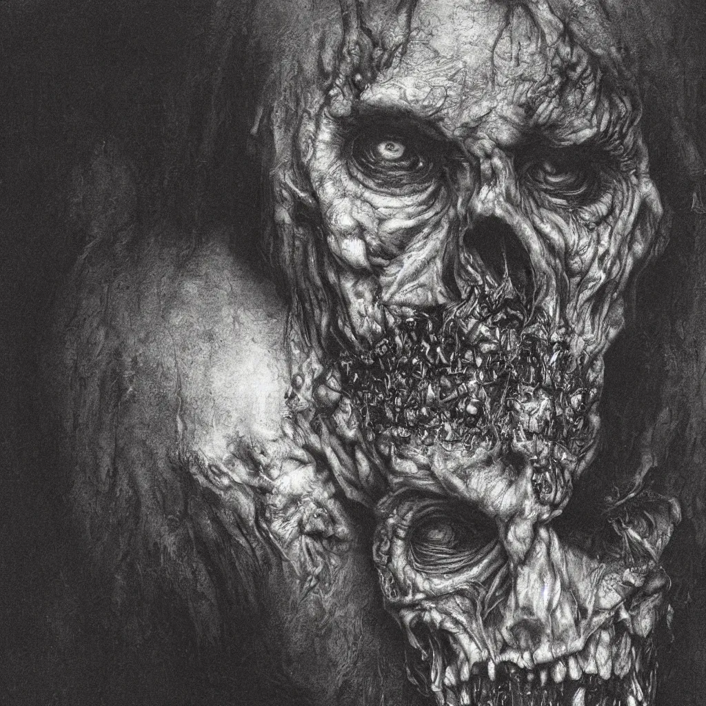 Prompt: closeup portrait of a zombie, creepy atmosphere, dark, portrait, realistic, very realistic, illustration by gustave dore