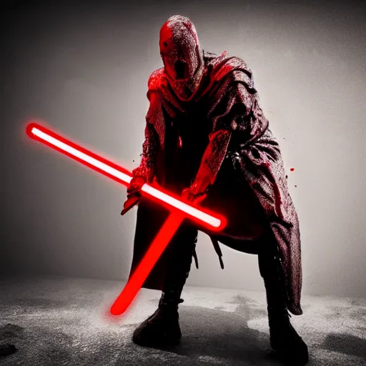 Image similar to scary knight, red light saber, covered in blood, in hell, kneeling, photo realistic, 8k, highly detailed, cinematic atmosphere