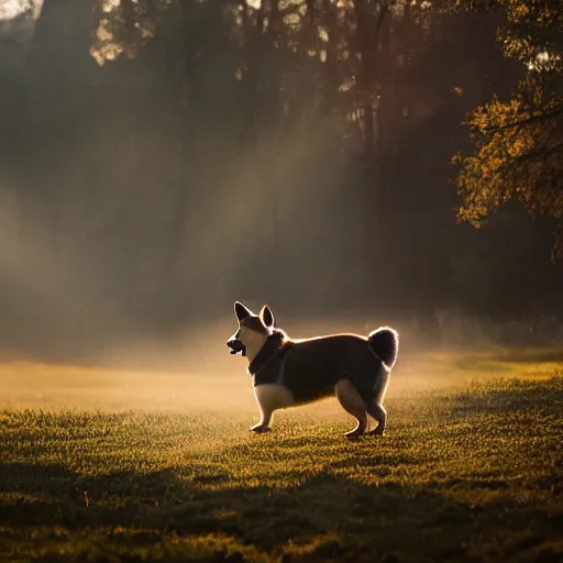 Image similar to Corgi riding a horse, natural lighting, realistic, sunbeams, golden hour, misty atmospherics