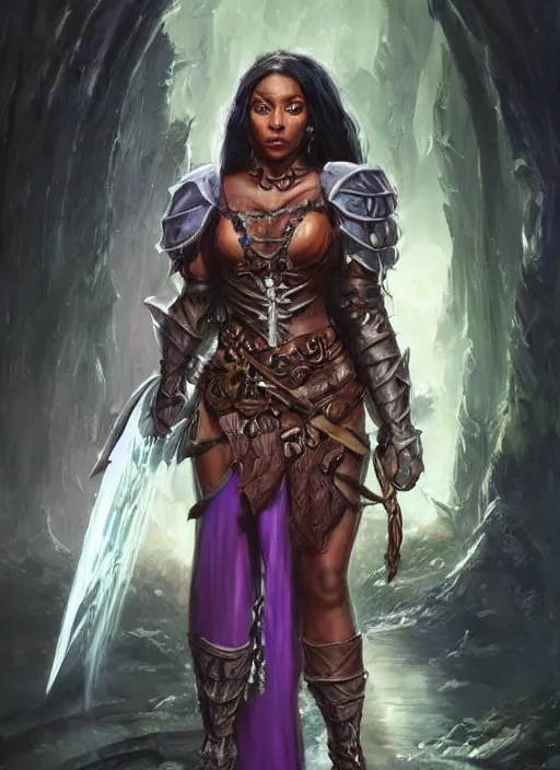 Prompt: black female, ultra detailed fantasy, dndbeyond, bright, colourful, realistic, dnd character portrait, full body, pathfinder, pinterest, art by ralph horsley, dnd, rpg, lotr game design fanart by concept art, behance hd, artstation, deviantart, hdr render in unreal engine 5