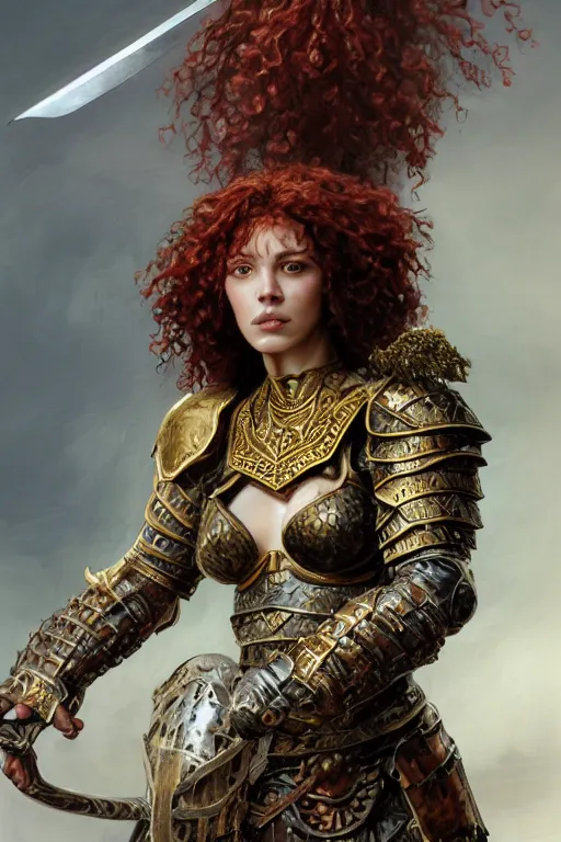 Image similar to full body portrait of a rugged female warrior short length red curly hair and a very highly detailed face wearing elegant obsidian, sliver and gold plate mail armor intricately painted, holding an ancient two hand great sword, very highly detailed, artstation, cgsociety, realistic character concept art, sharp focus, by greg rutkowski, artgerm, and alphonse mucha