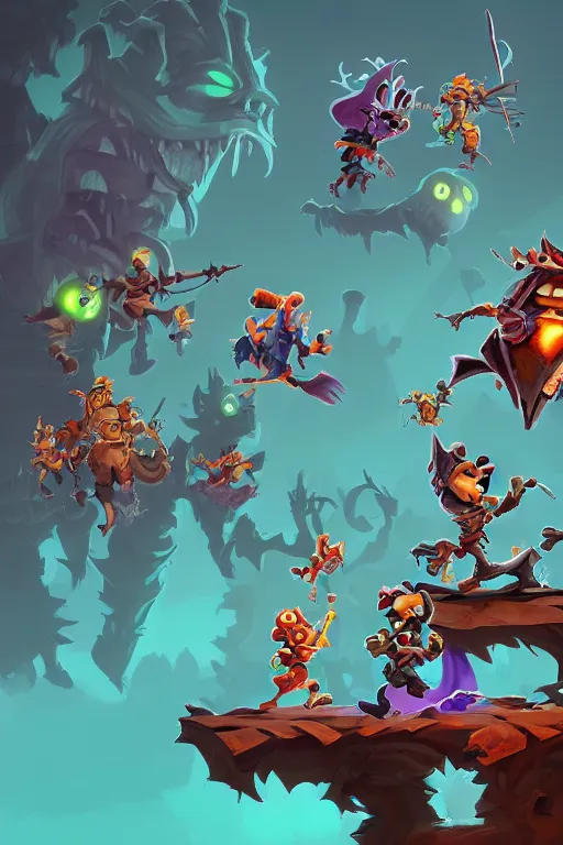 Image similar to side scroller 2d game by dead cells artist Rendering with several goblins . full of details, by squaresoft and Rayman legends , Matte painting, trending on artstation and unreal engine