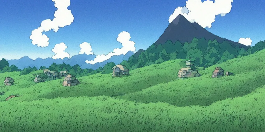 Prompt: a peaceful mountain overlooking a field, studio ghibli