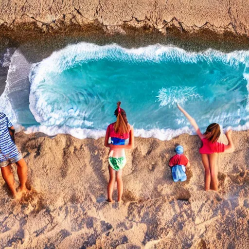 Image similar to a happy family group of people standing on top of a sandy beach, a stock photo by demetrios farmakopoulos, shutterstock contest winner, verdadism, stockphoto, stock photo, photo taken with ektachrome, realistic shaded perfect face, realistic shaded lighting, 8 k ultra realistic
