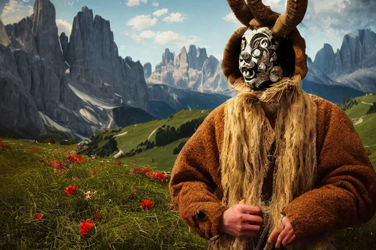 Image similar to portrait of a tyrolean folklore mask, wearing hay coat, with horns, eerie, flowers growing out of his body, dolomites in the background, detailed intricate insanely detailed octane render, 8k artistic 1920s photography, photorealistic, chiaroscuro, by David Cronenberg, Raphael, Caravaggio