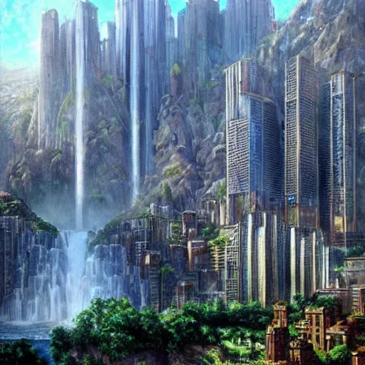 Image similar to waterfall city by james gurney