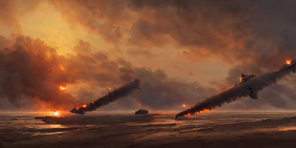 Prompt: the normandy landings, d - day, 1 9 4 5, sunset, chaos, smoke, fire, soldiers charging in, airplanes bombing the beach, destroyed tanks, highly detailed, wide shot, sadness, cinematic, ultra realistic, ray tracing, painting by jessica rossier and ivan shishkin