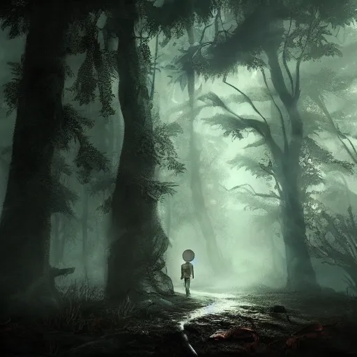 Image similar to a lost boy in the woods, horror, eldritch, unreal engine, dramatic lighting, digital art, mist, digital illustration, detailed environment, fantasy