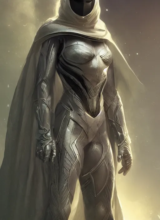 Image similar to female moon knight, hyper detailed, dynamic background, digital art, trending in artstation, cinematic lighting, studio quality, smooth render, unreal engine 5 rendered, octane rendered, art style by klimt and nixeu and ian sprigger and wlop and krenz cushart