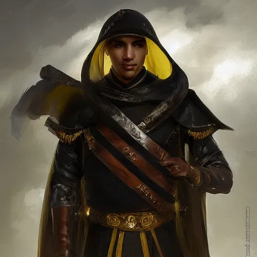 Image similar to Medium closeup young idealistic and pious homely male Imperial soldier wearing a black tabard with light yellow accents over a gambeson and a small!!! barbut helm, by Raymond Swanland Greg Rutkowski Lise Deharm, {perfect face}, {perfect eyes}