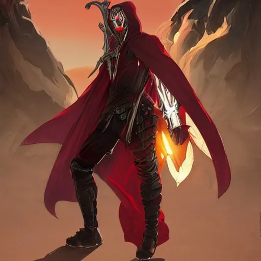 Image similar to shadow warrior holding twin swords, male villian, full body worn out torn cape, red hoodie, worn out clothes, floating spiral sand, desert, full body shot, anime style, 90's modern art, art by artgerm and greg rutkowski and alphonse mucha