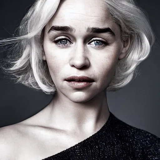 Image similar to photo of emilia clarke, full platinum blond, pale skin, freckle, by richard avedon, realistic, high detail, high quality, trending on pinteresst